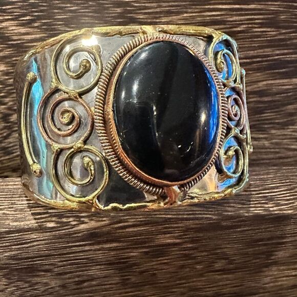Artisan-Made Adjustable Black Onyx and Mixed Metals Cuff Bracelet - 2 Inches Wi - Picture 9 of 9